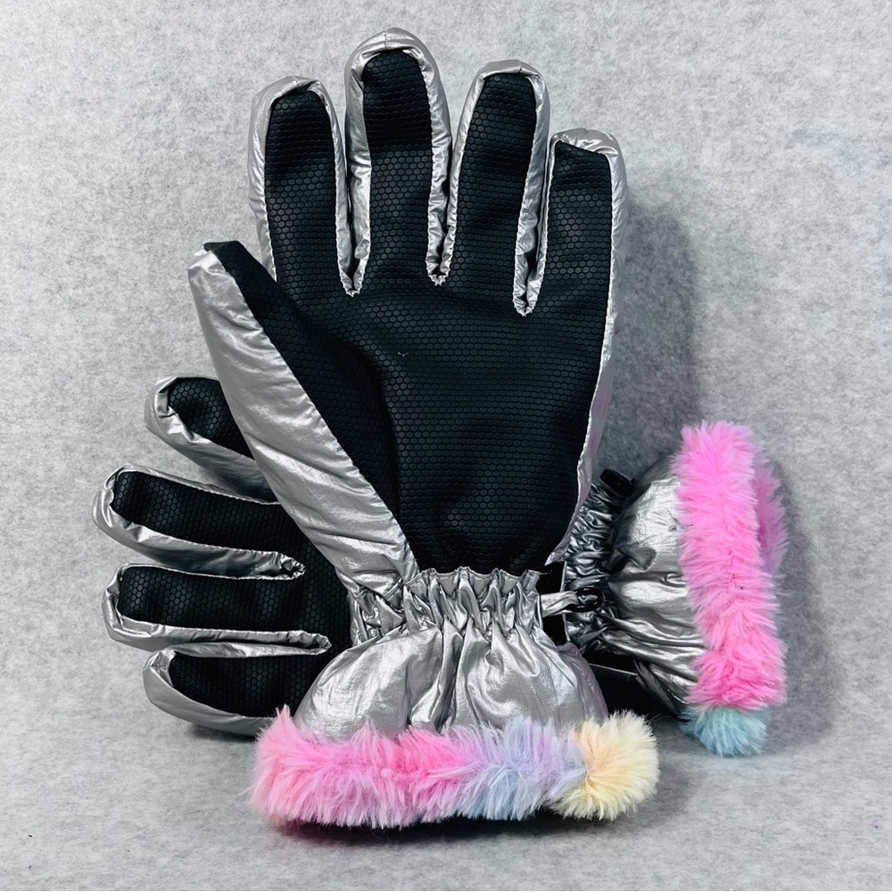 Swiss Tech Girls Rainbow Powder Muff SILVER‎ METALLIC Winter Gloves L/XL